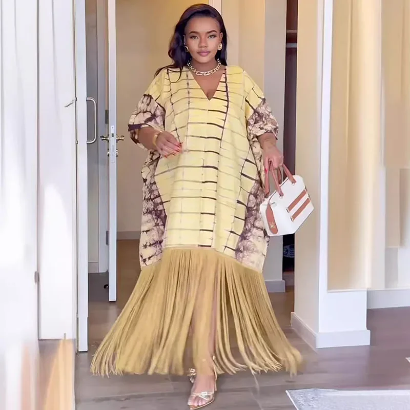 Vintage Print Loose Fit Maxi Dress Women Y2K Clothes Elegant V-neck Tassel Hem Birthday Club Party Long Dresses Vestido De Mujer