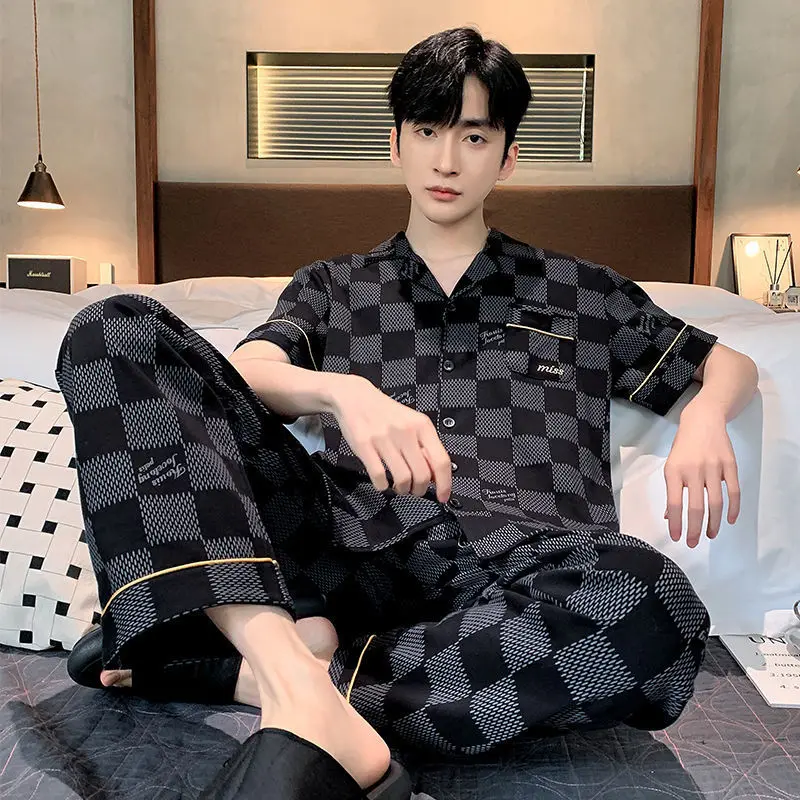 

Summer cotton plaid pajamas for young and middle-aged men plus size short-sleeved trousers men's home clothes summer suit