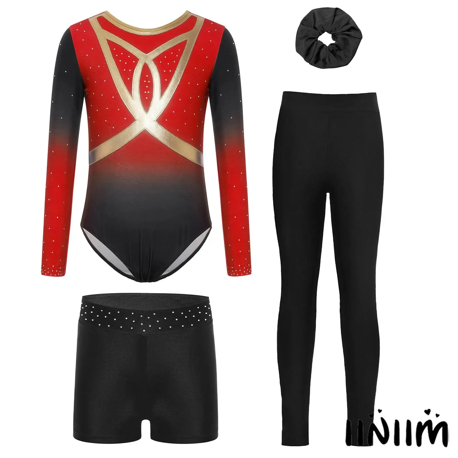 

Kids Girl Gymnastics Figure Skating Dance Outfit Long Sleeve Shiny Rhinestones Gradient Color Ballet Leotard+Shorts+Hairband Set