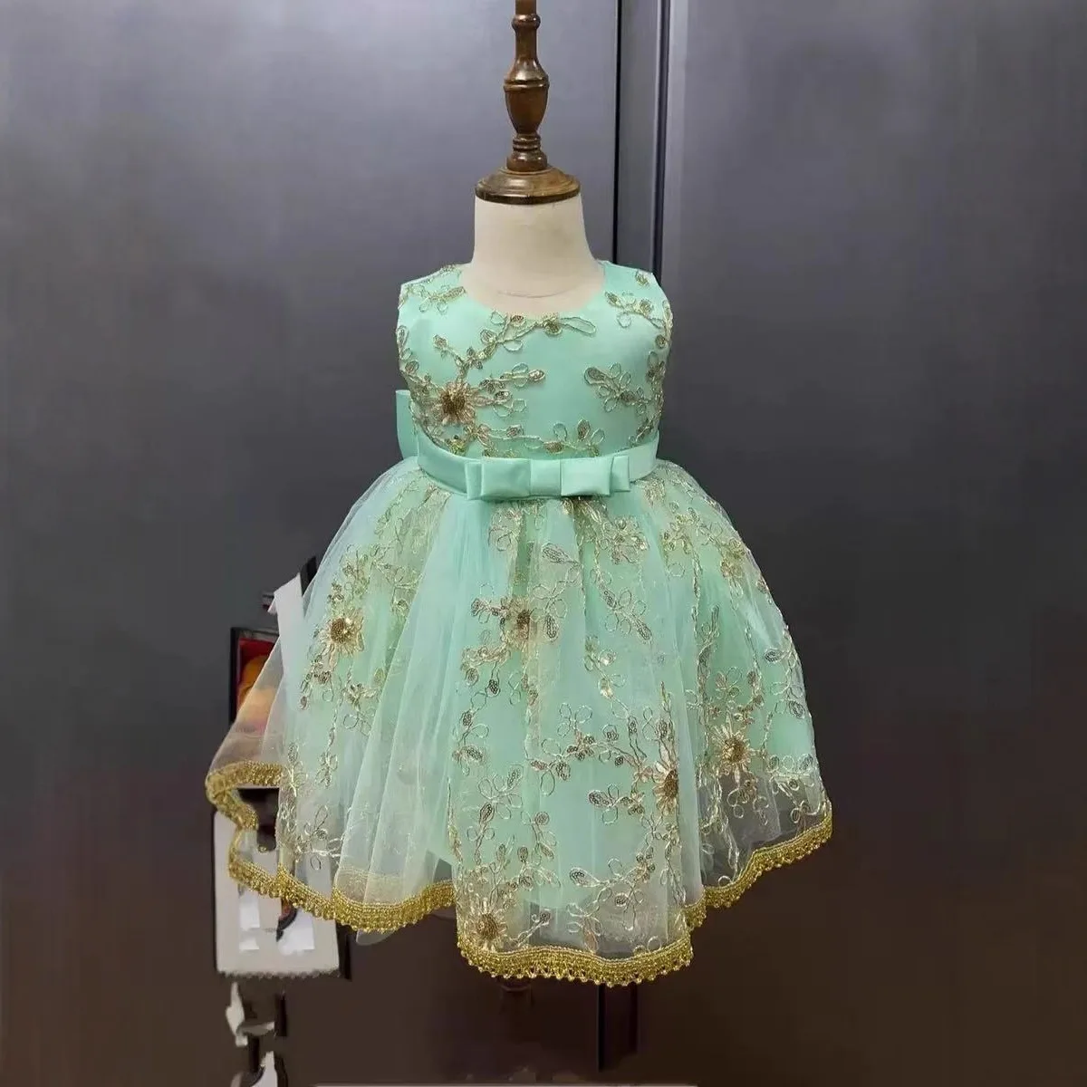 High Quality Gold Patterned Girls' Dress Performance Evening Party, Mesh Princess Dress, Bow, Sweet Style