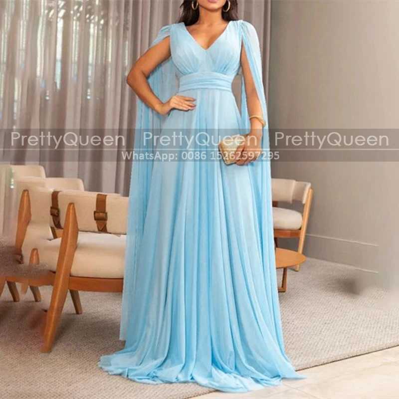 Customized Cloak Shawl Mother of the Bride Dresses Long Pleat A Line Plunging Neck V Back Light Blue Chiffon Prom Dress