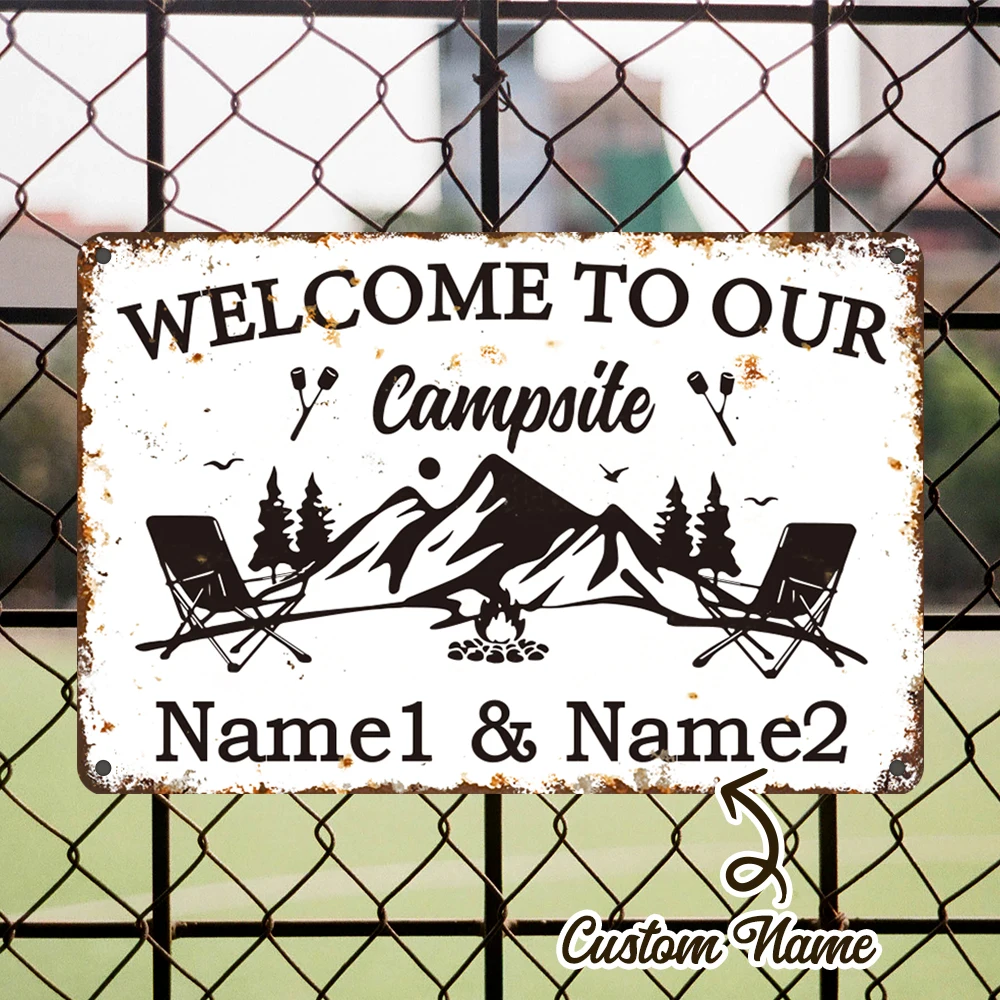 2D Flat Custom Names Welcome To Our Campsite Metal Tin Sign, Rustic Camping Plaque With Mountain Campfire , Campsite Wall Decor