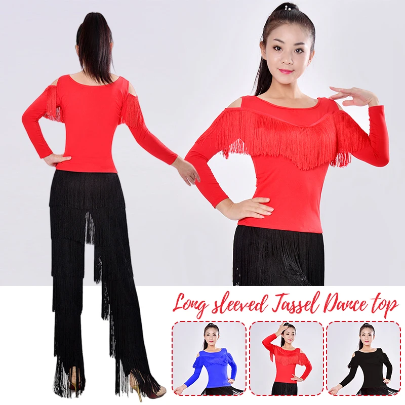 

Latin Dance Tops Women Off-the-shoulder Long Sleeve Modern Dance Clothes Sexy Tassel Tops Practice Stage Performance Costume