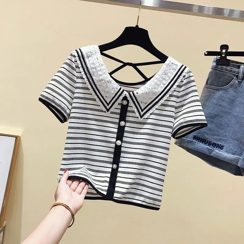 Summer New Western Style Age Reducing Lace Doll Neck Striped Short sleeved T-shirt