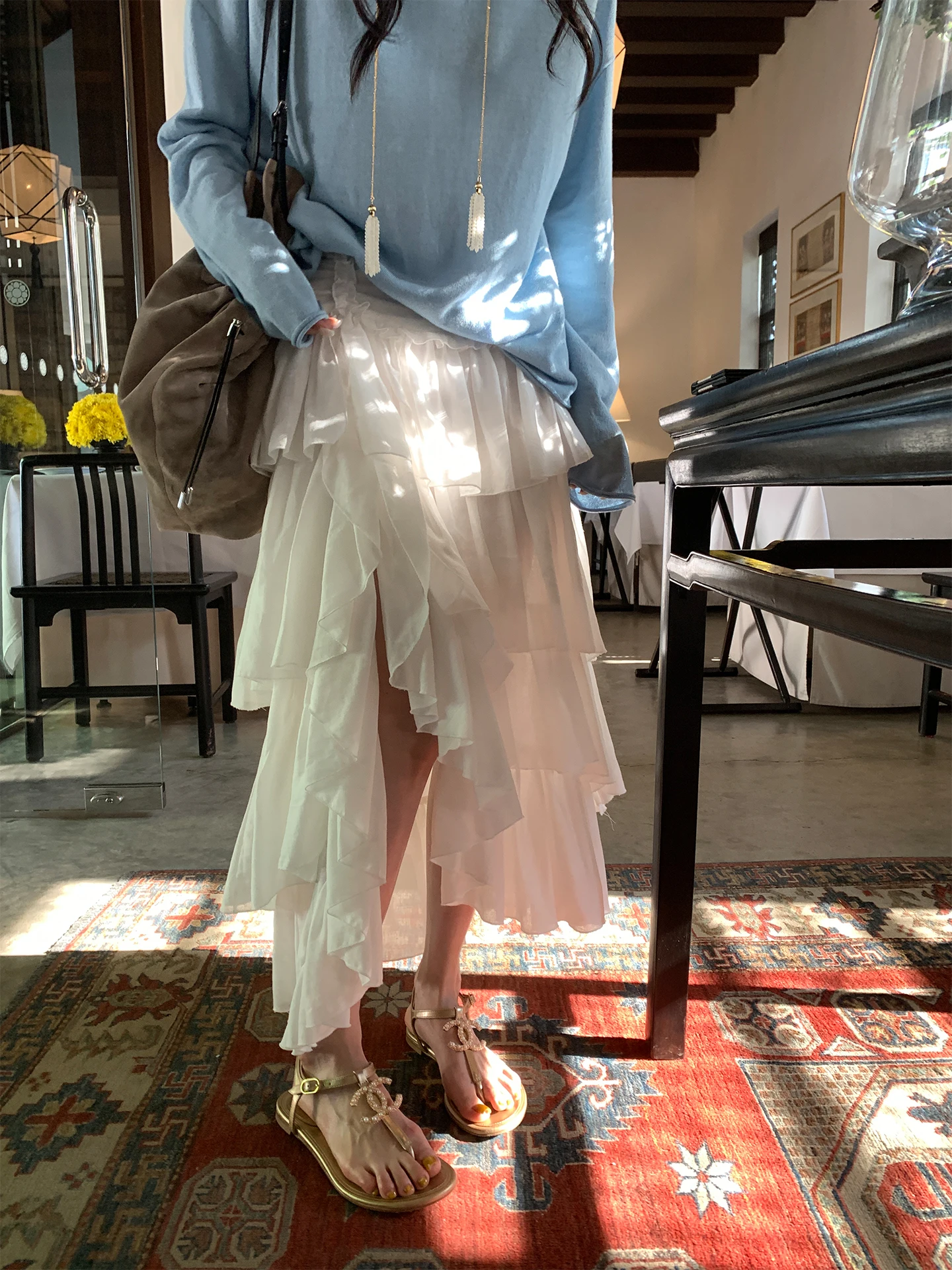 

OuYang Moonlight Thousand Layer Cake Skirt Linen Asymmetrical Heavyweight 4 Meters Stage Model High Waist A-Line Skirt