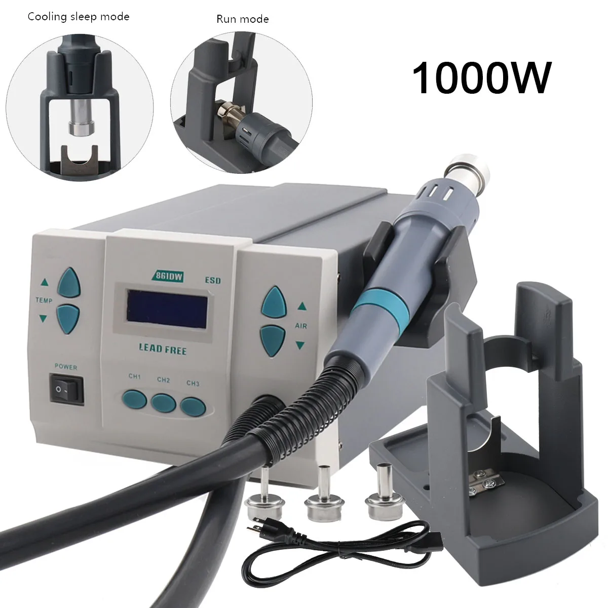 1000W Hot Air Rework Station Electric Soldering Irons Digital Display Hot Air Gun + 3 x Air Nozzles -Temperature Range 100℃~500℃