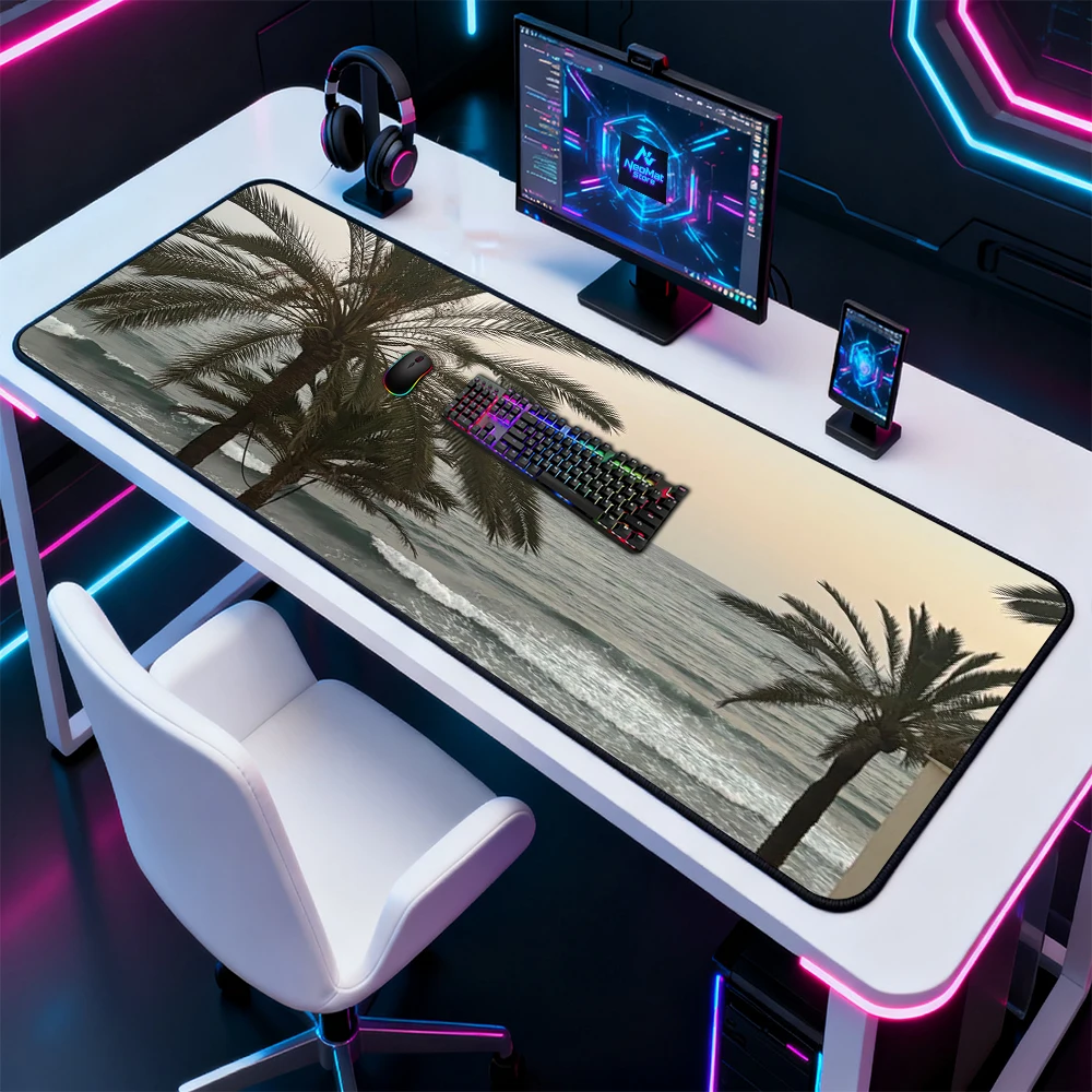 Tropical Desk Pad Deskmat Tree Ocean Beach Full Gaming Laptop 180x60 Mousepad Large Palm Playmat Coastal Vibe Mousemat Computer