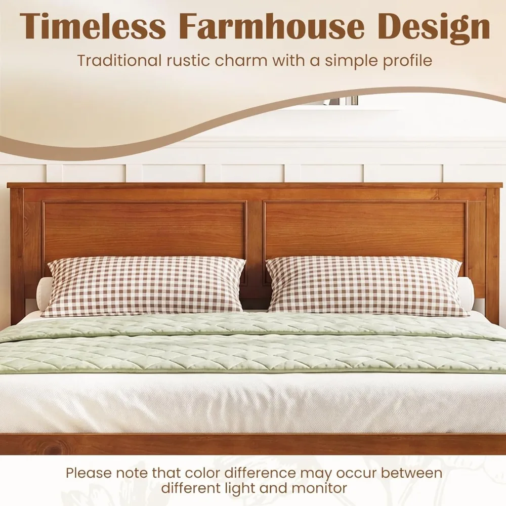 Wood Queen Size Bed Frame with Headboard, Mid-Century Modern Platform Bed W/Wooden Slat Support, Solid Mattress, Customized image 3