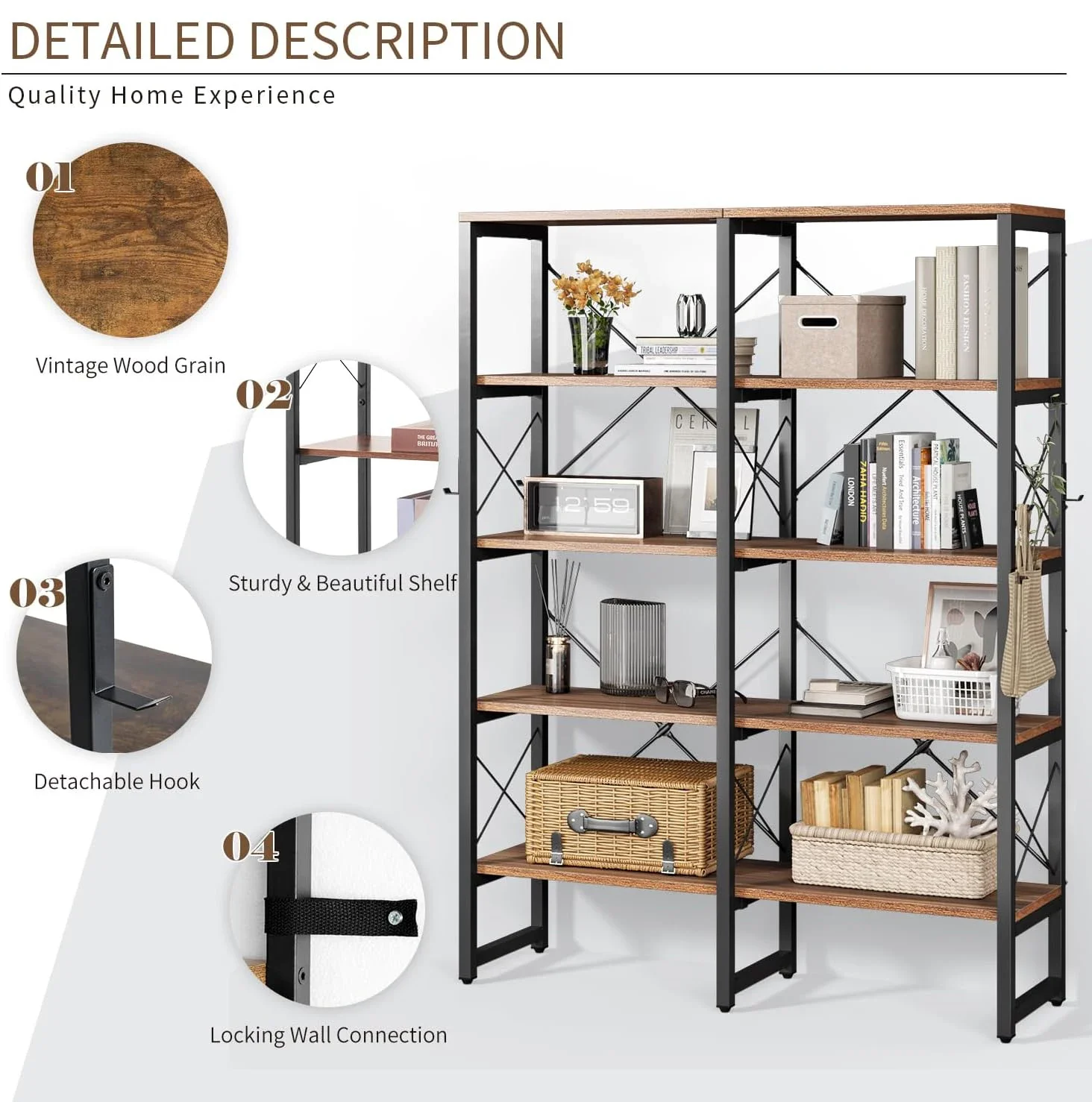 Doppelt breites 5-stufiges Bücherregal, industrielles Bücherregal mit Metallrahmen, offenes großes Bücherregal, Holz und hohe Verkaufs regale