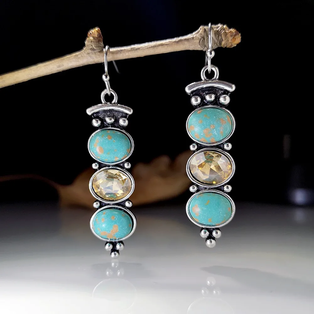 

S925 Vintage Tibetan Silver Turquoise Earrings for Women Fashionable Creative Champagne Crystal Long Party Festival Gifts
