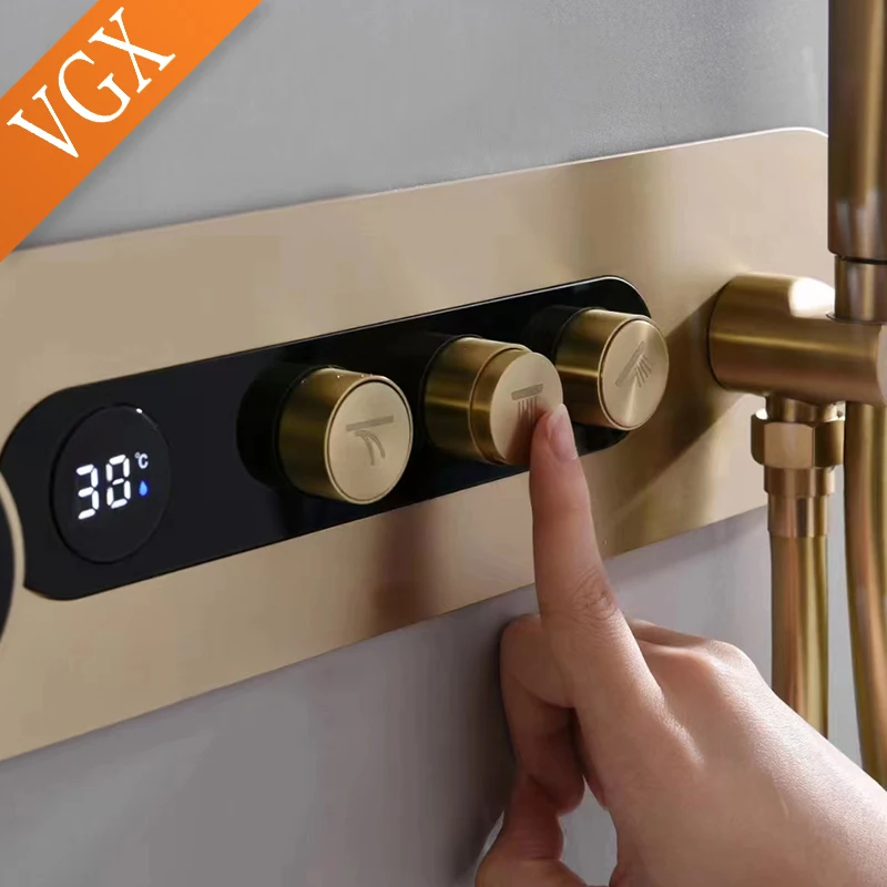 VGX verdecktes thermostatisches Duschsystem-Set, Temperatur-Digitalanzeige, Wasserfall-Duschsystem, Regen-Badezimmer-Duschset