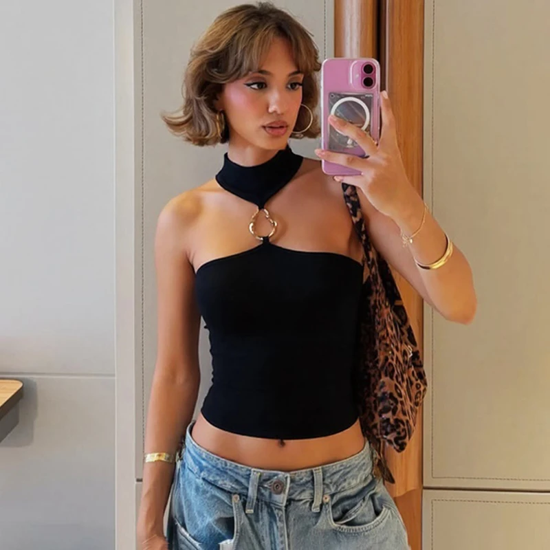 Ticketsx بلوزة نسائية مثيرة بدون أكمام بإبزيم معدني رسن أساسي متين ملابس الشارع الشهير سترة علوية نسائية أنيقة وبسيطة ضيقة #5