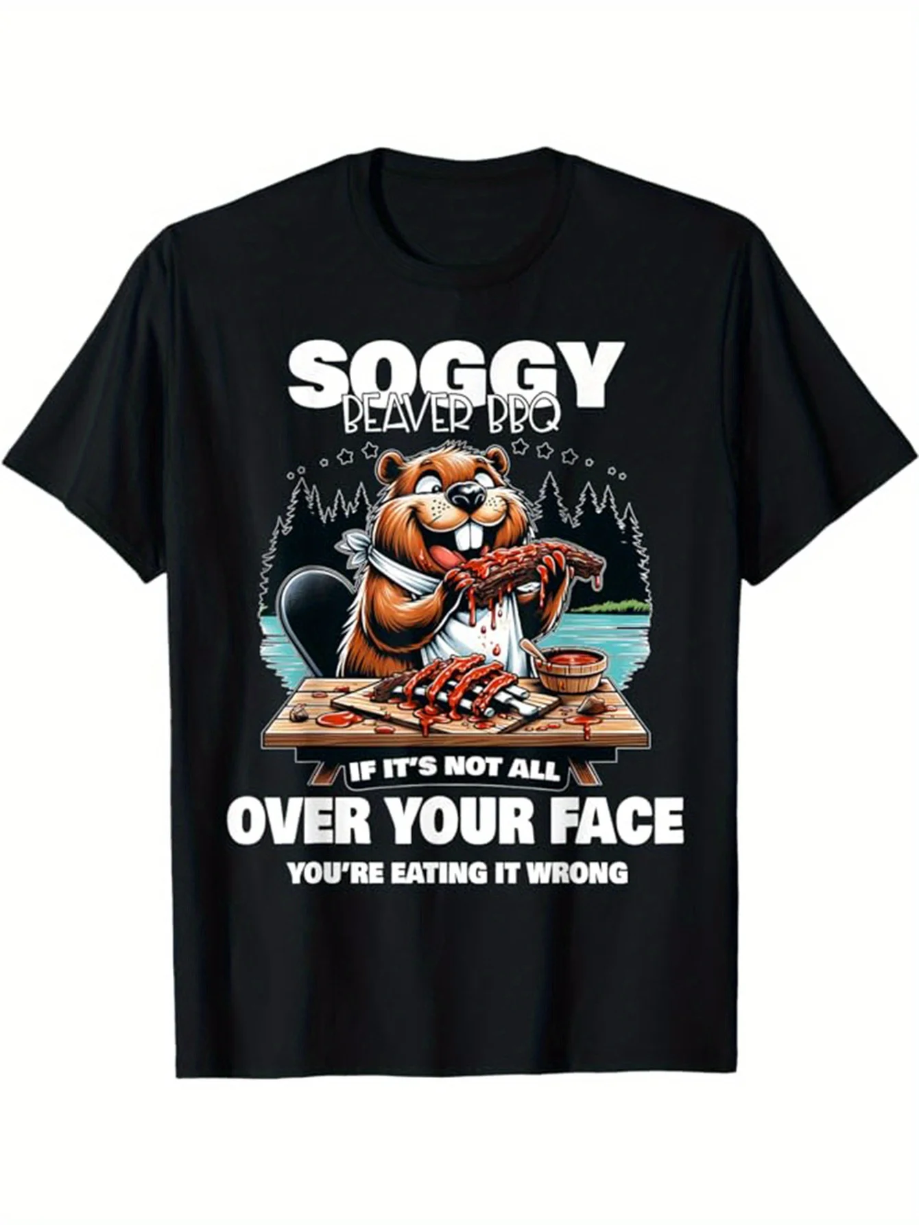 

Soggy Beaver BBQ Graphic Tee for Men, Cotton Crew Neck T-Shirt, Short Sleeve, Casual Fit, All-Season Wear