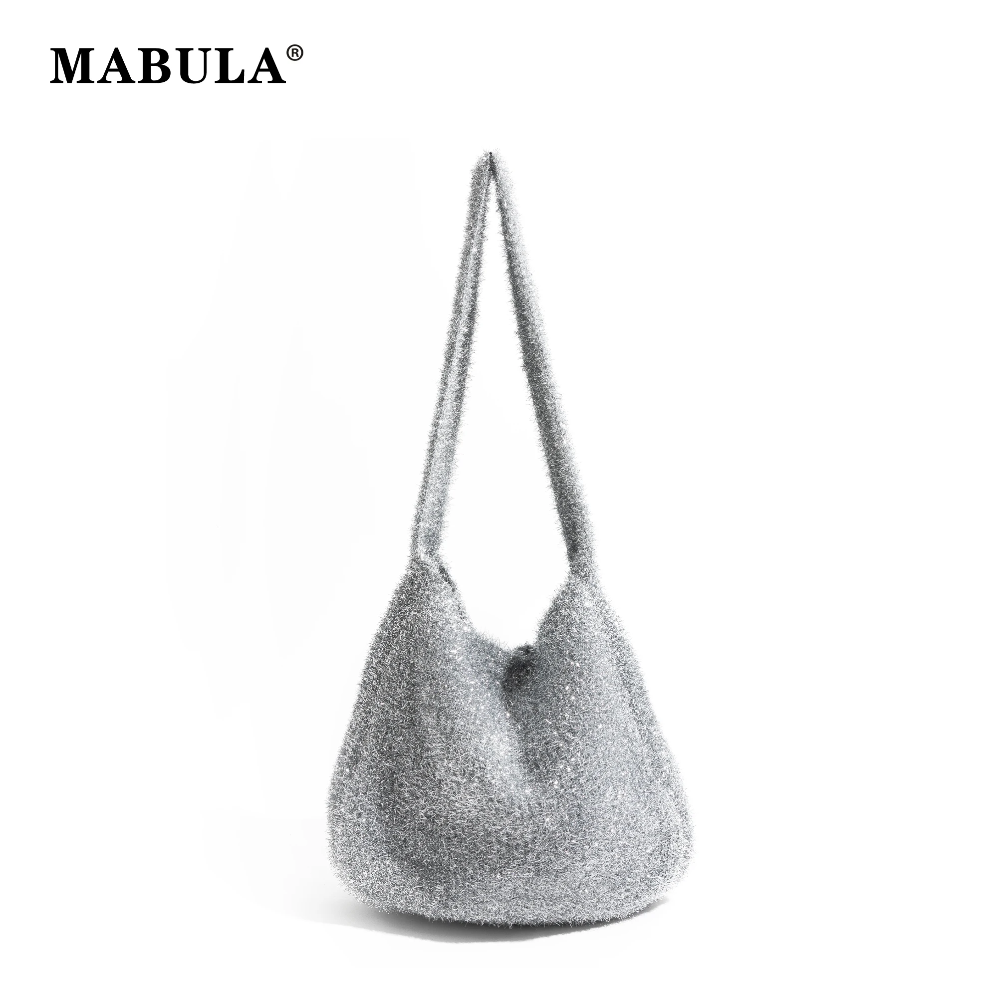 

MABULA Sparkling Pleuche Knitted Bag Vintage Velvet Soft Solid Tote Handbag Women's Fashion Simple Glitter shoulder Phone Purse