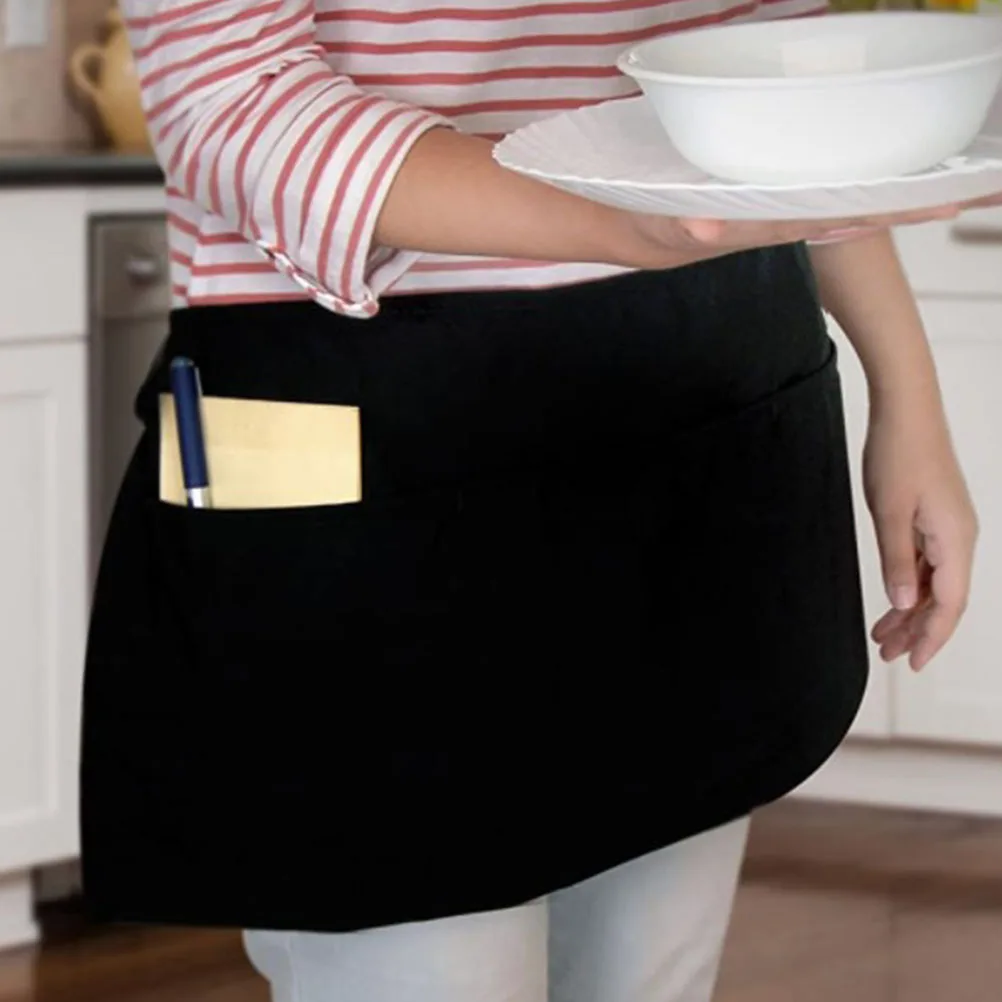 

2Pcs Black Polyester Cotton Chef Apron Adjustable Waist Design Short Half length Kitchen Supply Waiter Cooking