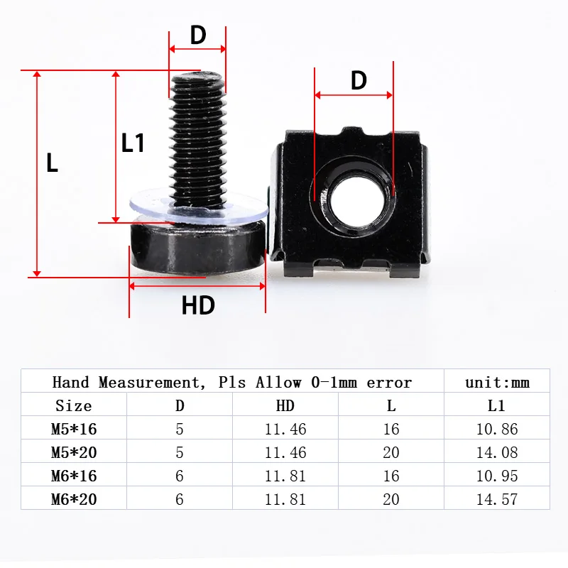 M6x16mm M6x20mm Black Carbon Steel Screw Nut Set For Rack Mount Server Cabinet Shelves Phillips Bolt Cage Nuts Kit 20Set M5 M6