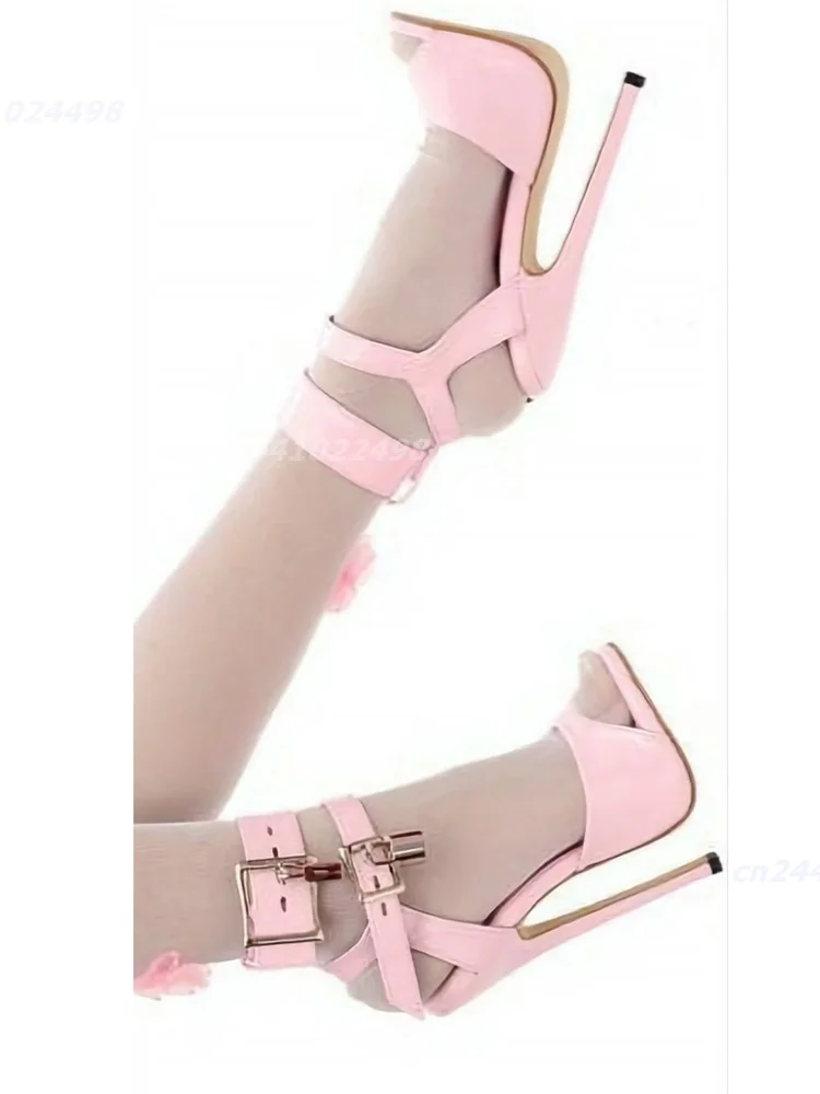 Pink Patent Leather Sandals Double Locks Decor 16cm Thin High Heels Ankle Strap Sexy Women Shoes Open Toe Summer Party  Shoes