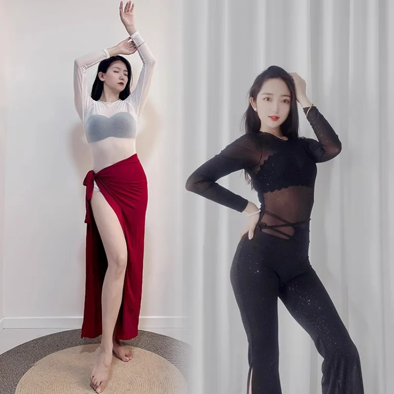 カスタマイズされたベリーダンス衣装シルバージャンプスーツエントリーレベルの基本トレーニングスーツセットプラスサイズの衣装長袖トップ白黒