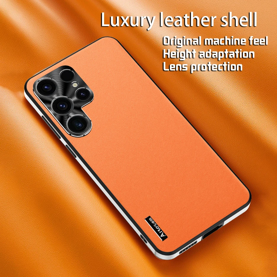 For Samsung S24 Ultra Case Frosted Plain Leather Phone Case For S21 S22 S23 S24 ULTRA With Lens Protector Frame TPU Border Cover