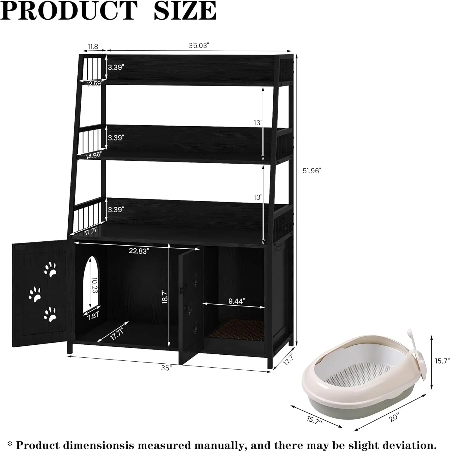 3 Shelve, Large Wood Cat Litter Box Furniture with Hook and Scratch, Hidden Wood Sturdy Cat Washroom, Fit Most of Litter Box