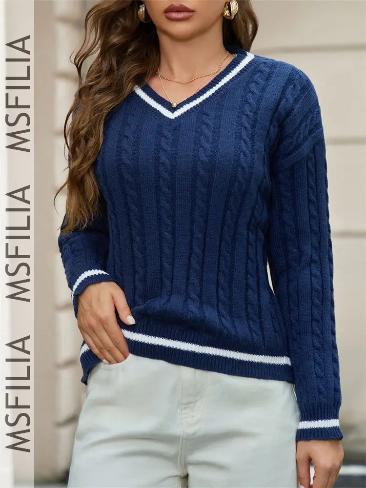 Msfilia Women's Fall/Winter Elegant V-Neck Pullover Sweater Fashion Cable Ribbed White Trim Cuff Knit Top