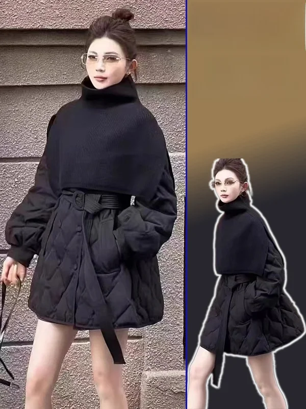 

plus Size Faionable Warm oulder Wrap Coat Diamond Waist Cinching Cotton Winter New Sle Versatile Slimming Two-Piece Set