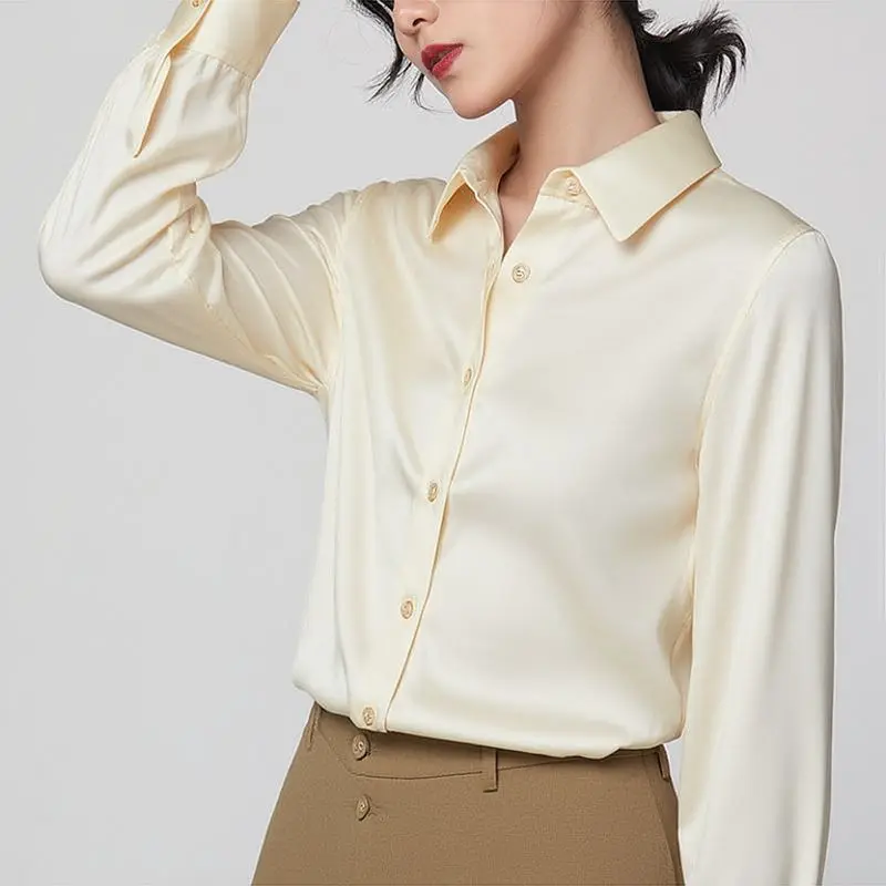 Woman Silk Shirt Long-sleeved Satin Women Blouse 19mm Mulberry Silk Blouse Loose Versatile Base Shirt 95% Natural Silk+5%Spandex