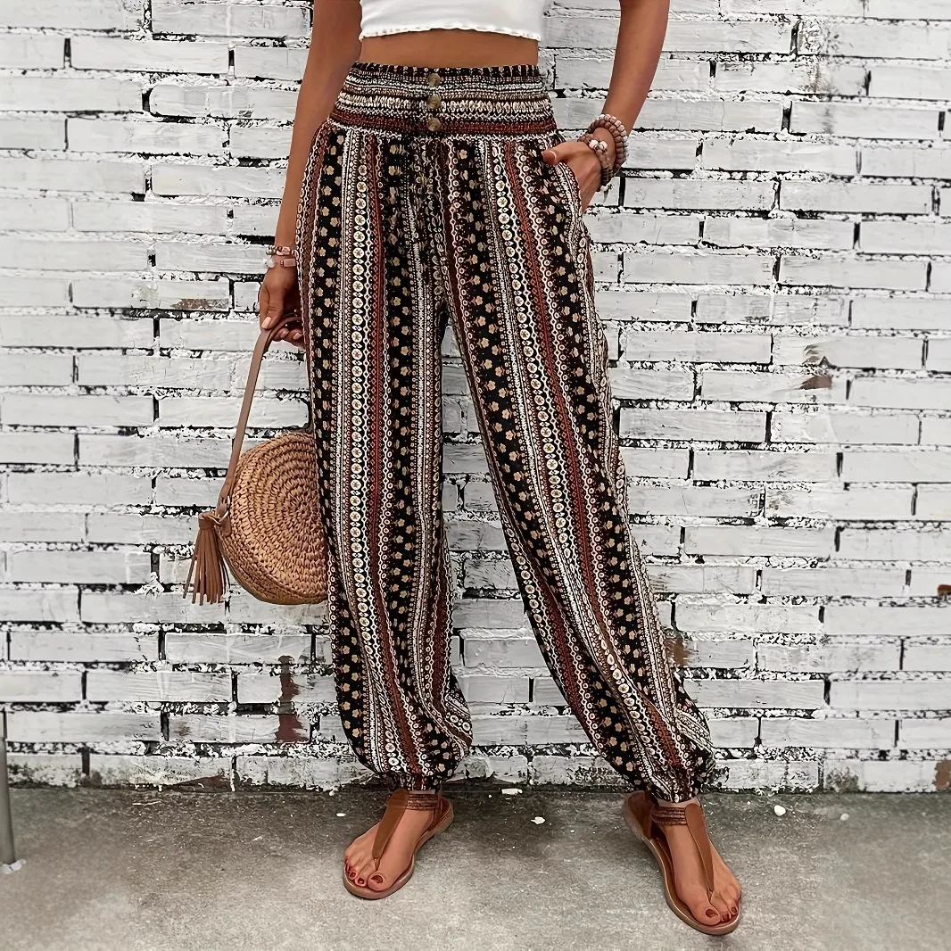 Women's Boho Smocked Waist Harem Pants Striped Ethnic Print Loose Baggy Trousers with Pockets Summer Vacation Beachwear