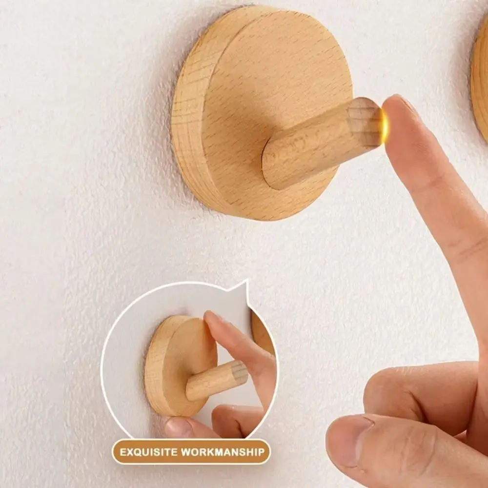 

4pcs Beech Walnut Wood Wood Hook Solid Wood Punch Free Wall Hook Wood Handle Simple Design Towel Hook Kitchen Organization