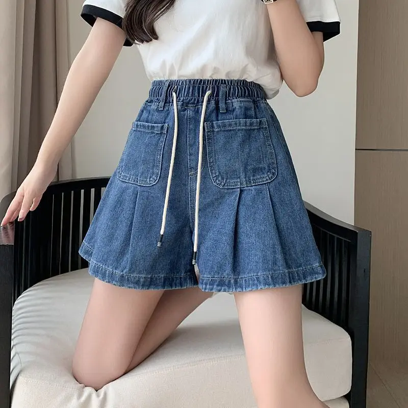 Summer Women Blue Denim Shorts Elastic Waist Drawstring Wide Leg Pleated Shorts Skirts Loose A-line Casual Culotte