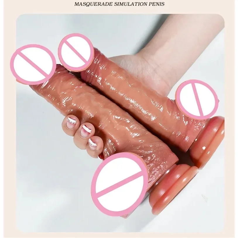 21cm Realistic rubber penis skin strap sliding foreskin testicles vibrator for anal large penis sex toys penis sex toys