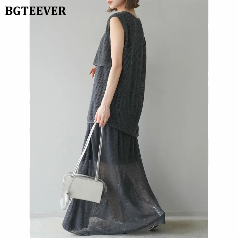 BGTEEVER Summer Loose Women Knitted Outfits O-neck Sleeveless Irregular Vests & Long Skirts Female 2 Pieces Set
