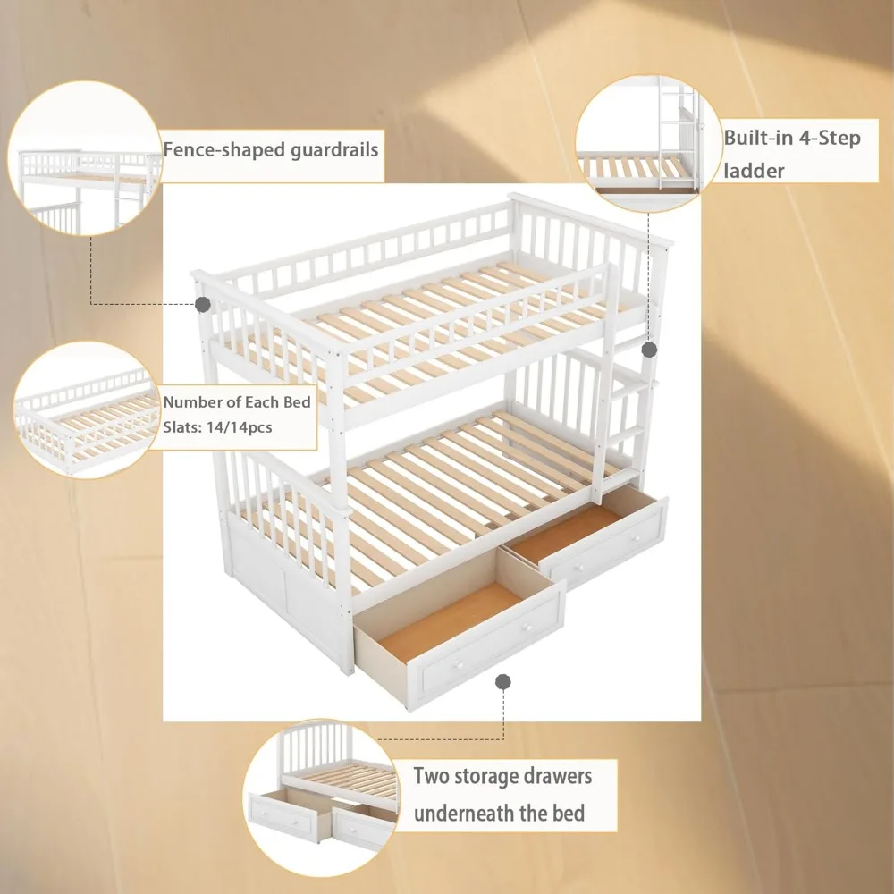 سرير Harper & Bright Convertible Wood Twin-Over-Twin بطابقين مع أدراج تخزين وسلم - يمكن تقسيمها إلى سرير نهاريين (أبيض)