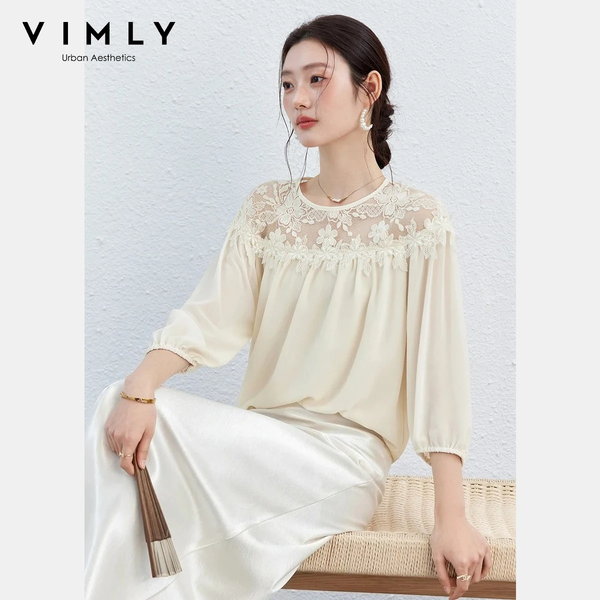 

VIMLY Women's Elegant Solid Blouse 2026 Spring New French Lace Trim Patch Round Neck 3/4 Puff Sleeve Casual Chiffon Shirt A5112