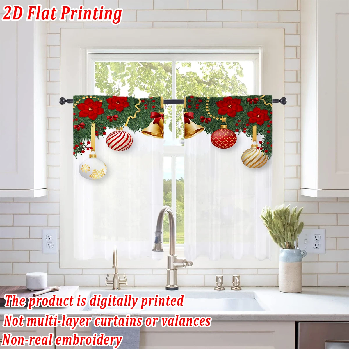 ستارة شفافة للمطبخ بطباعة مسطحة لعيد الميلاد مع كرة عيد الميلاد، جرس البونسيتة، فرع الصنوبر لحفلات ديكور المنزل في عيد الميلاد #1