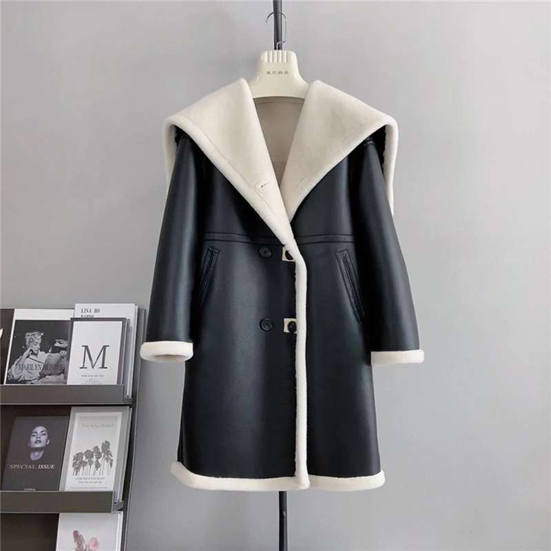 

Women's Real Wool Leather Hooded Overcoats Winter Double Breasted Loose Warm Mid Long Jackets Fashion Lamb Wool Streetwear