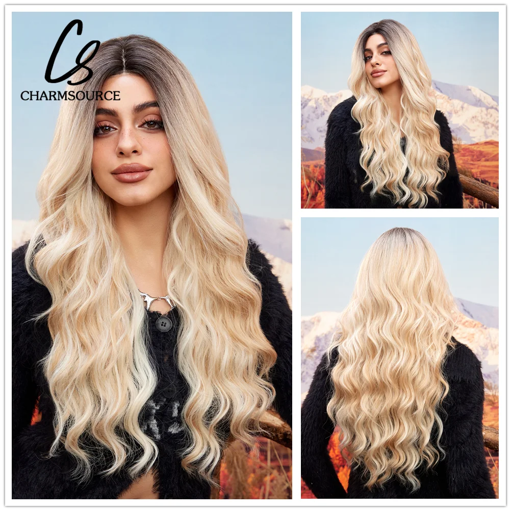 

CharmSource Hairline Lace Wigs Ombre Brown Blonde Synthetic Long Wavy Wigs Dark Root for Women Cosplay High Density Hair Wig