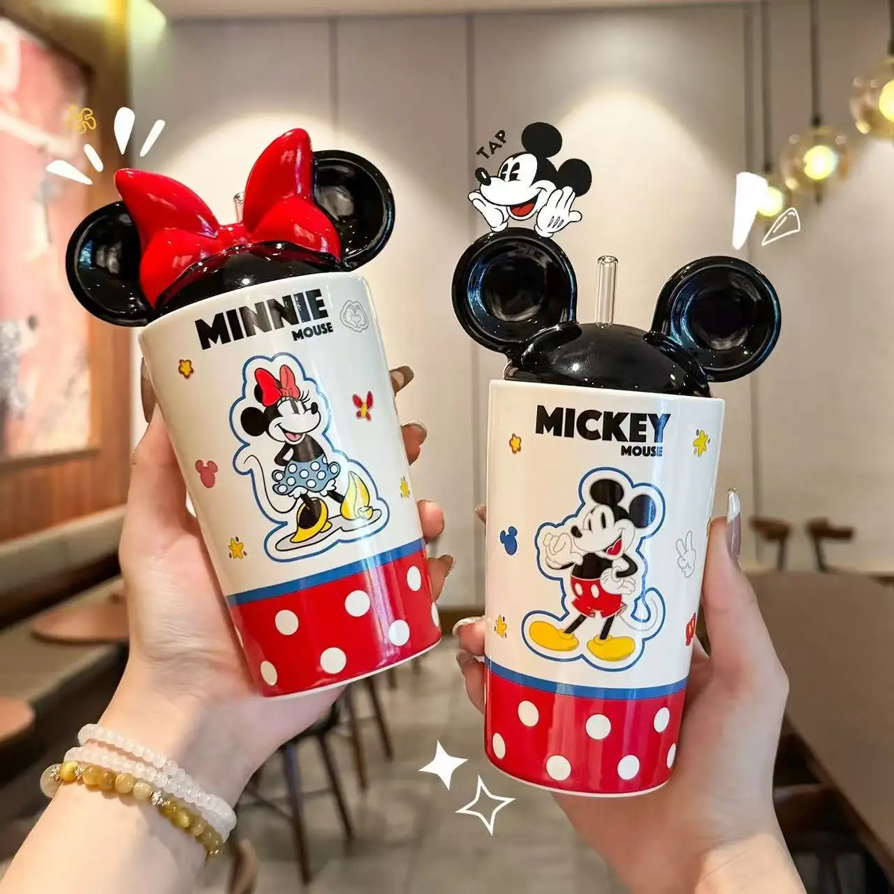 Tazza d'acqua di marca Cartoon Mickey Mouse Co Tazza in ceramica Disney carina Minnie Mouse con coperchio tazza di paglia regalo festival di coppia