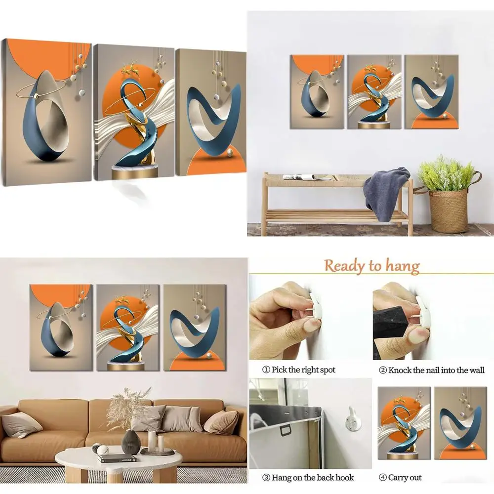 

Modern Abstract Deer Wall Art - Gold Foil Lines, White, Blue, Orange, Grey - Framed Canvas Prints for Living Room, Bedroom, Offi