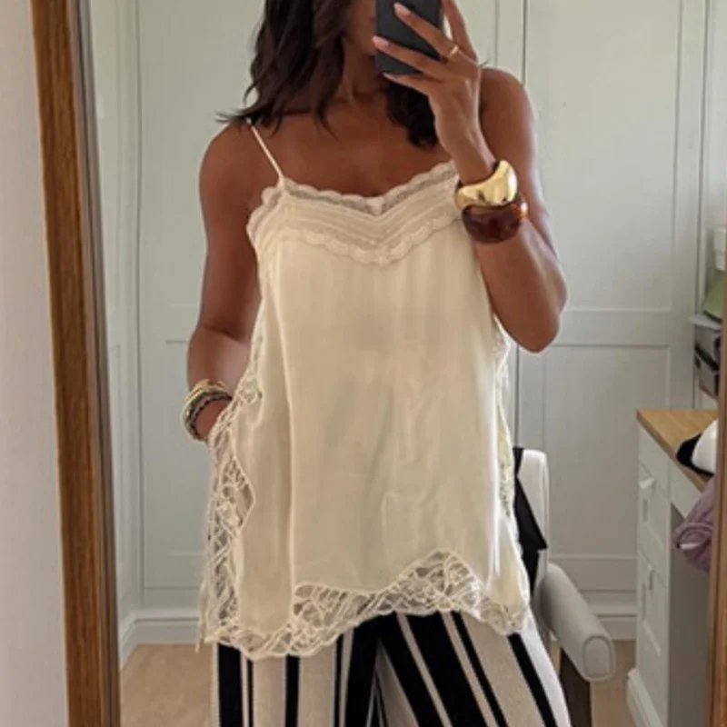 Women Stain Lace Patchwork Sling Tops Chic Sleeveless Square Neck Backless See Through Camisoles Clothes