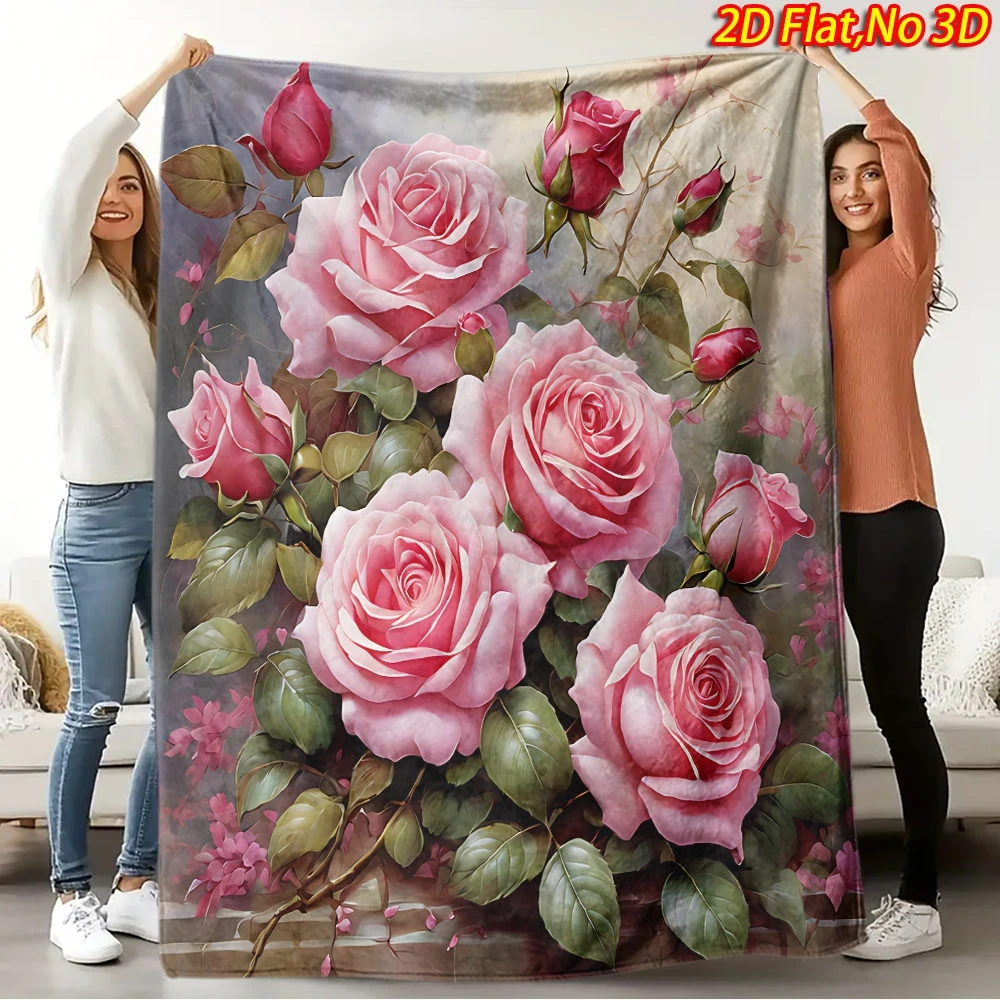1pc 2D Flat Printing Spring & Summer New Arrival Pink Rose Theme Digital Print Blanket, Suitable for All Seasons, Casual Throw B