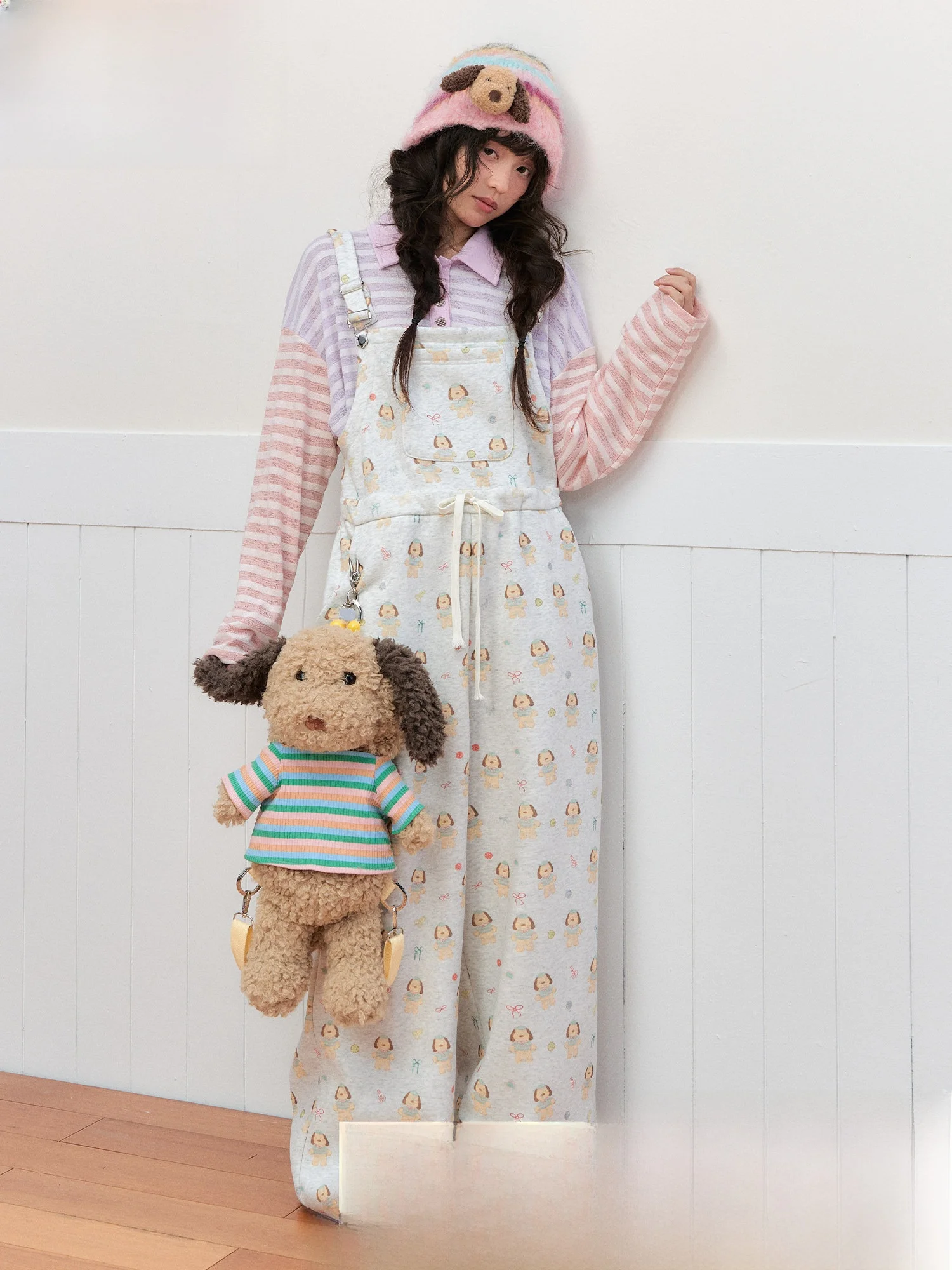 

OHTODOG Cute Dog Print Overalls Casual Dstring Soft Plump Long Leg Pants High Waist Straight Tube Polyester Spring 2026