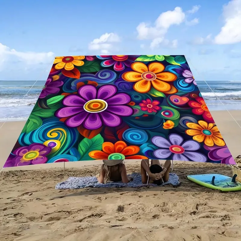 Portable Camping Sun Shelter Tent Tarp, Waterproof UV Protection Outdoor Canopy Awning, Flower Print Picnic Ground Sheet Mat