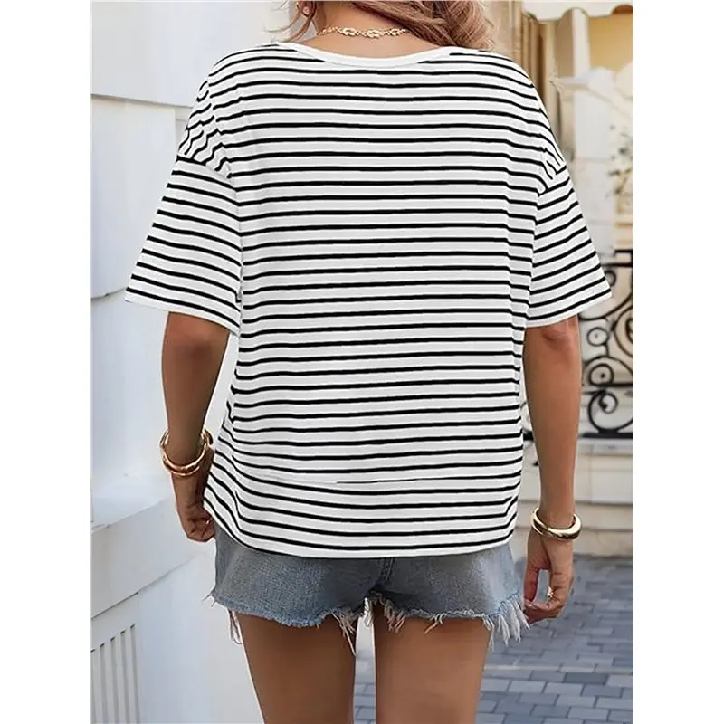 NEW-Women Horizontal Stripe Contrast Binding V-Neck Drop Shoulder Half Sleeve Oversized Casual T-Shirt