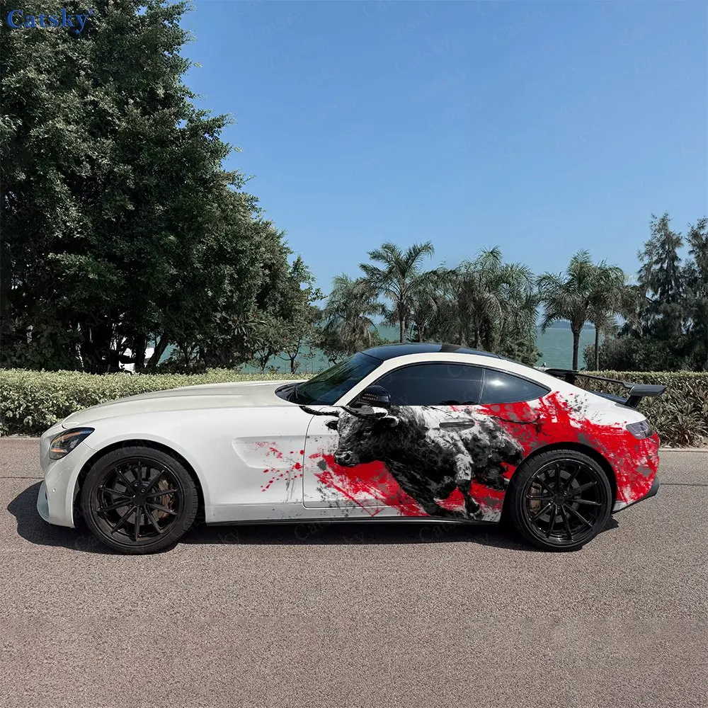 

2pcs Red Ink Running Bull Car Side Wraps, Self-Adhesive PVC Waterproof & Scratch-Resistant Stickers, Car Accessory Gift