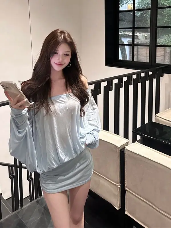 

Blue Long Sleeve One Shoulder Dress Women's Spring Sexy Backless Pure Desire Hot Girl Bodycon Short Skirt Fashion Set