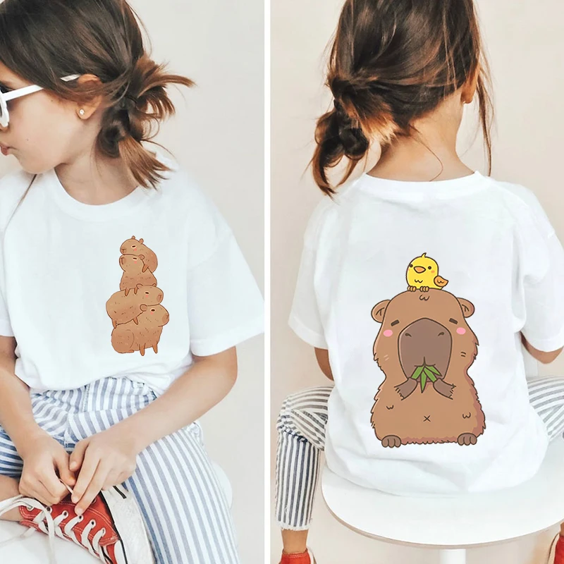 Kawaii capybara lovers kids cotton T-shirt white short-sleeved cartoon top double-sided printing for girls