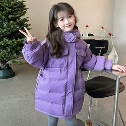 Girls' Winter Coat Thick Cotton-padded Jacket Kids Clothing 2024 New Children's Warm Hooded Outerwear Parkas Pure Color