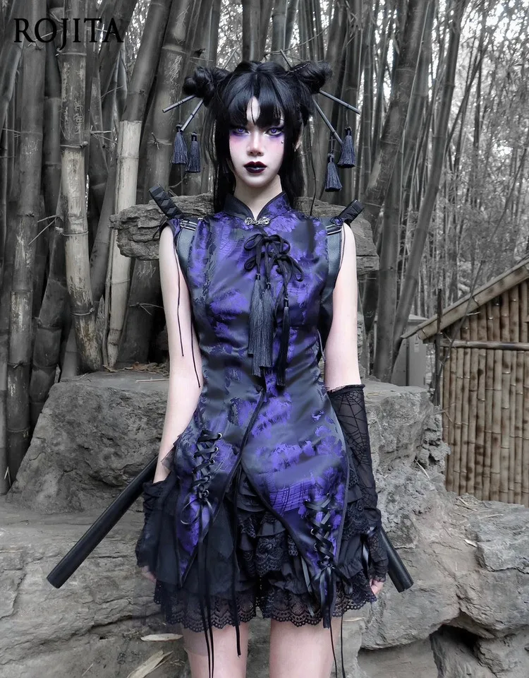 New Chinese Style Button-up Jacquard Improved Cheongsam Irregular Top Dark Oriental Purple Flower Print Satin Corset Top