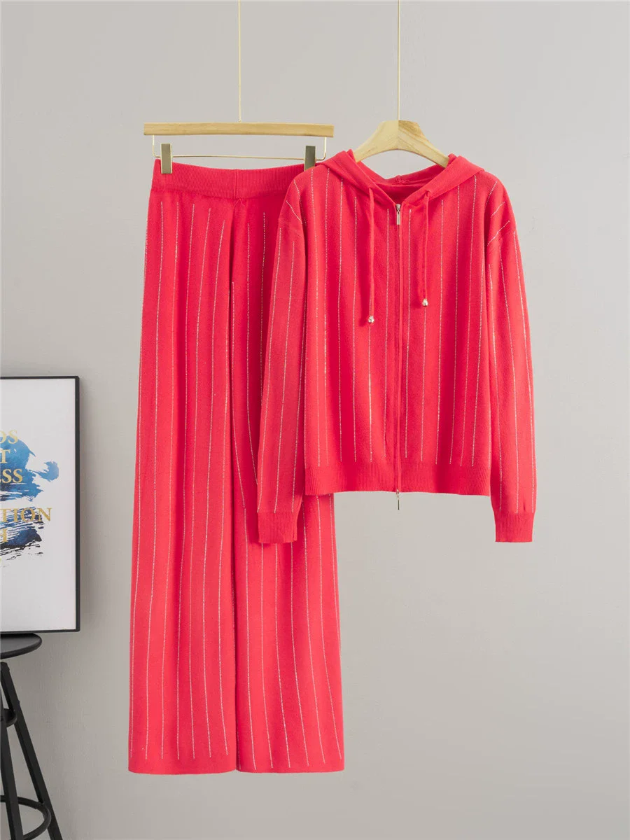 Ensemble 2 pièces tricoté pour femmes, Design strass, coréen, capuche, fermeture éclair, Cardigan ample, hauts, taille haute, pantalon à jambes larges, tenue
